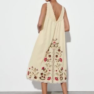 Zara Cotton Embroidered Contrast Chrochet Knit Midi Cottagecore Floral Dress M